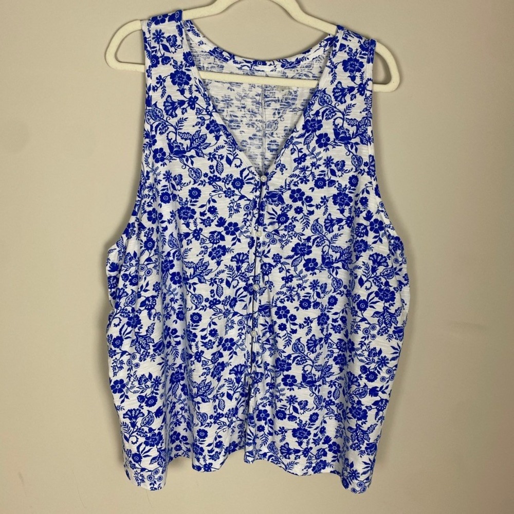 Lands End Floral Button Front Tank Top Womens 2X Coastal Grandma Botanical